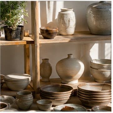 Handmade ceramics arranged on wooden shelves