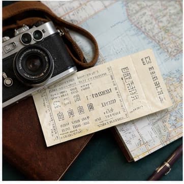 A camera, a train ticket and a map on a leather journal