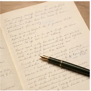 An open notebook with handwritten pages and a fountain pen